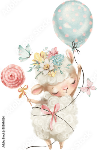 Cute farm animal illustration. Sheep flying with balloons in the sky.