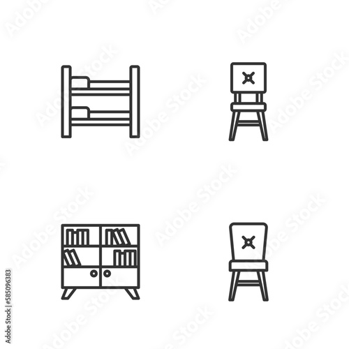 Set line Chair, Library bookshelf, Bunk bed and icon. Vector