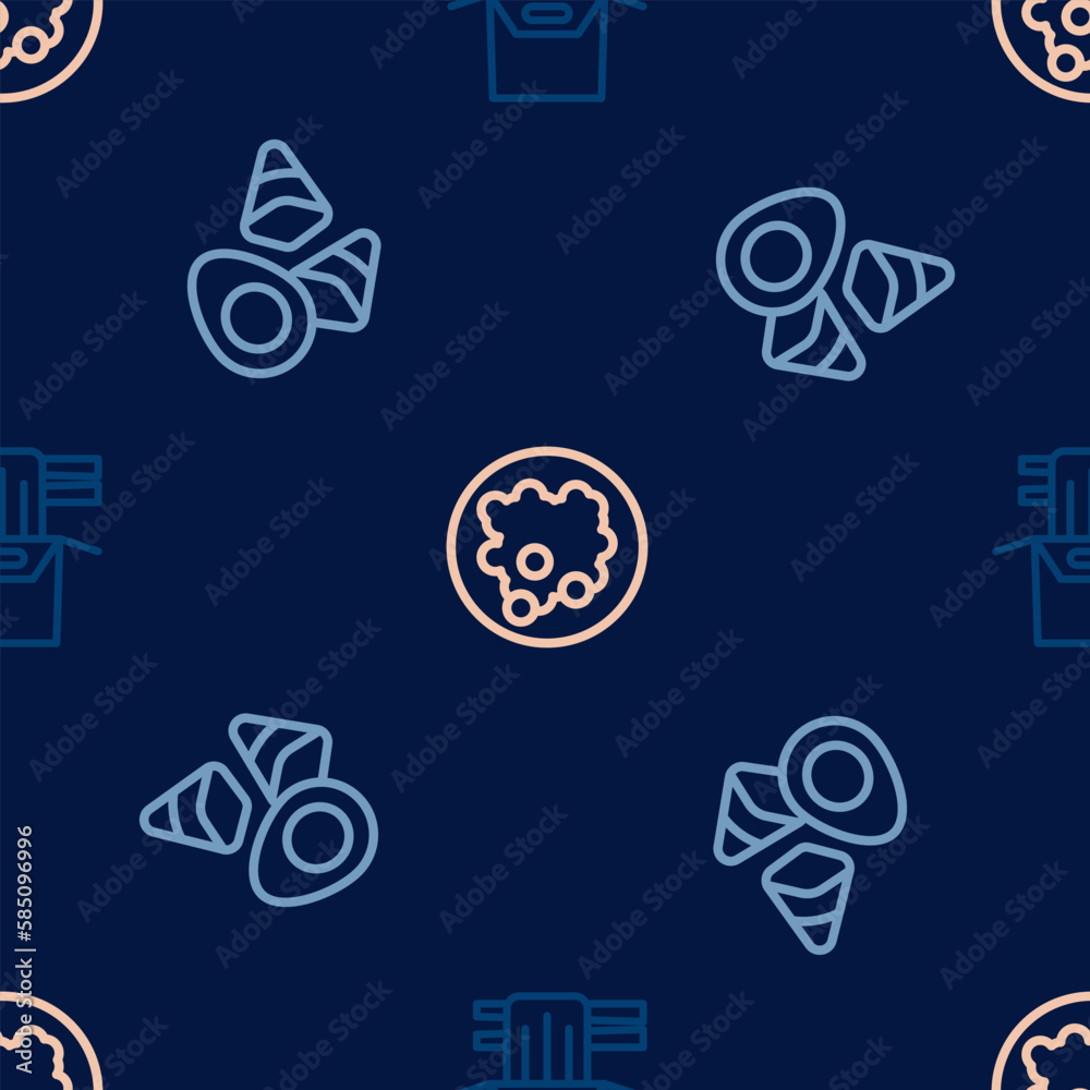 Set line Asian noodles in paper box, Chicken egg with vegerables and Rice bowl on seamless pattern. Vector Set line Asian noodles in paper box, Chicken egg with vegerables and Rice bowl on seamless pattern. Vector