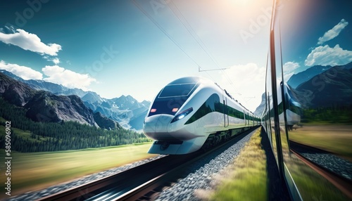 Modern electric passenger high-speed train is rushing along the tracks, in motion. Generative AI