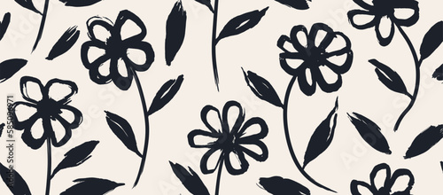 flowers hand drawn seamless pattern. ink brush texture.

