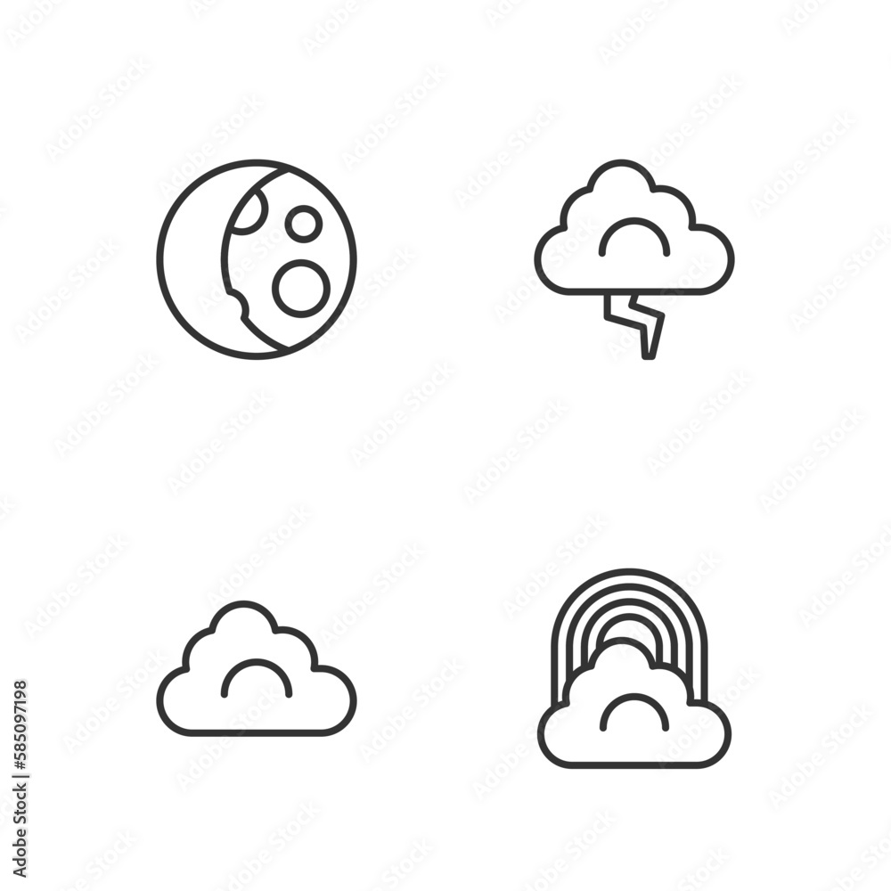 Set line Rainbow with cloud, Cloud, Moon phases and and lightning icon. Vector Set line Rainbow with cloud, Cloud, Moon phases and and lightning icon. Vector