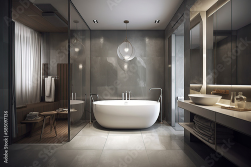 3D rendering bright bathroom interior with bathtub, silk, decoration, and generative AI tool.