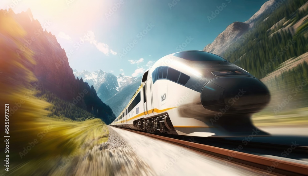 Obraz premium Modern electric passenger high-speed train is rushing along the tracks, in motion. Generative AI