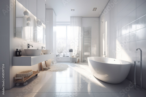 Luxury apartment bathroom interior  big window design by generative ai