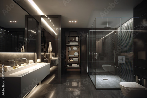Modern luxury and simple style bathroom, beautiful light, sink, shower, mirror, generative AI