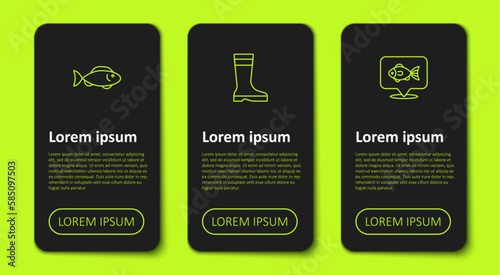 Set line Fish, Fishing boots and Location fishing. Business infographic template. Vector