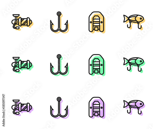 Set line Inflatable boat with motor, Spinning reel for fishing, Fishing hook and lure icon. Vector