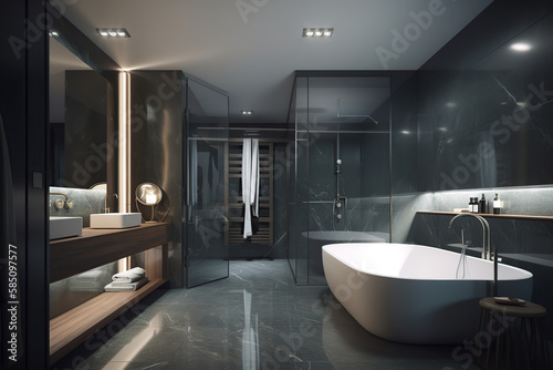 Modern luxury and simple style bathroom  beautiful light  sink  shower  mirror  generative AI