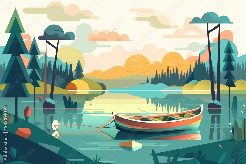 Landscape with Boat on the Lake minimalistic vector style design - Generative AI illustration
