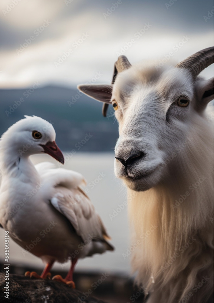 Obraz premium goat and a cute seagull