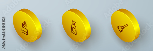 Set Isometric line Dishwashing liquid bottle, Cleaning spray with detergent and Dustpan icon. Vector