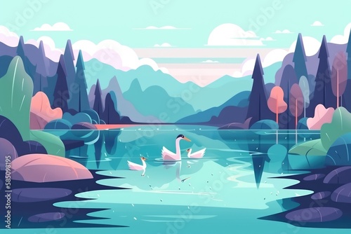 Landscape with Lake minimalistic vector style design - Generative AI illustration