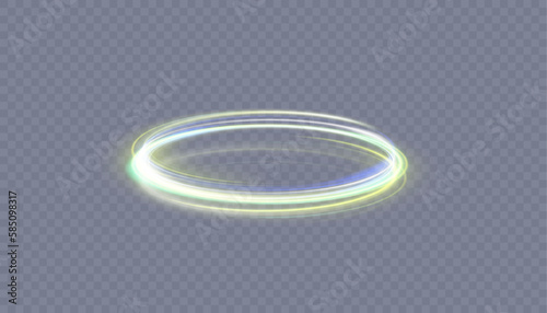 Abstract neon gold ring with a green tint. A bright plume of luminous rays swirling in a fast spiraling motion. Light golden swirl. Curve gold line light effect. Vector