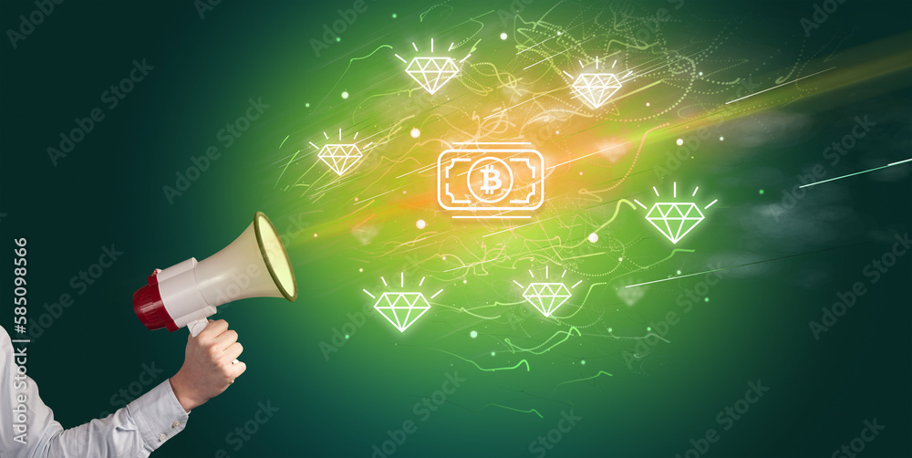 Young person with megaphone and currency icon Young person with megaphone and currency icon