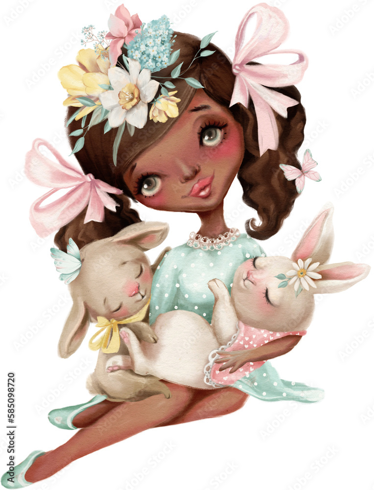 Fototapeta premium Beautiful girl in a blue dress and pink ribbons with little bunnies.