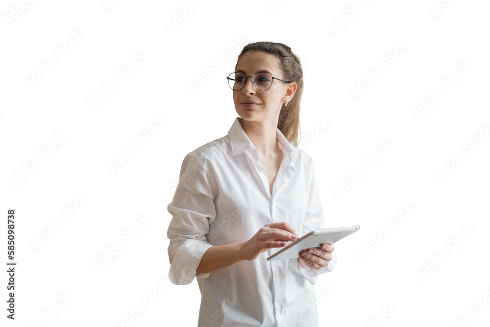Female student doctor training online tablet, transparent background, png, isolated. - obrazy, fototapety, plakaty 