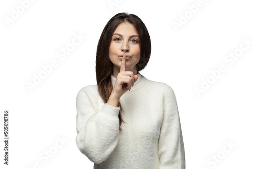 Shows a gesture of silence a young woman  transparent background  png  isolated.