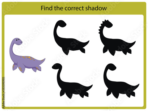 Dinosaur activities for kids. Find the correct shadow. Educational game for children. Vector illustration, cartoon style. © Irina