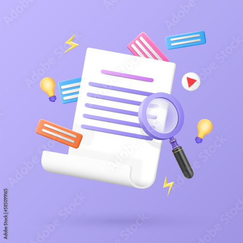 Research application elements. Finding information with magnifying glass. Online library. Paper document study. 3D internet doc signs. Business marketing database. Vector content render