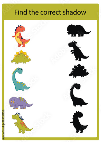 Dinosaur activities for kids. Find the correct shadow. Educational game for children. Vector illustration, cartoon style.