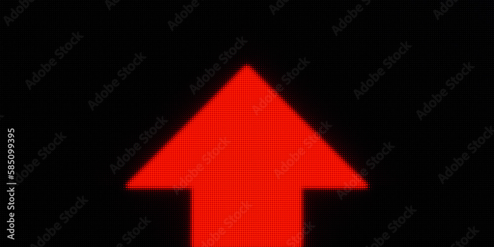Red arrow up. Directional sign, ascend, above, upward, high, on top, upstairs, rising, increased, tall, illuminated arrow. Red arrow up. Directional sign, ascend, above, upward, high, on top, upstairs, rising, increased, tall, illuminated arrow.
