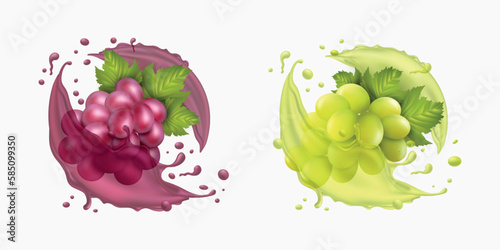 Grape bunch, juicy realistic berries with fresh juice in motion. Colorful water drops. Autumn wine plants, red Bordeaux, 3d splash, winery agriculture. Alcohol beverage vector realistic set