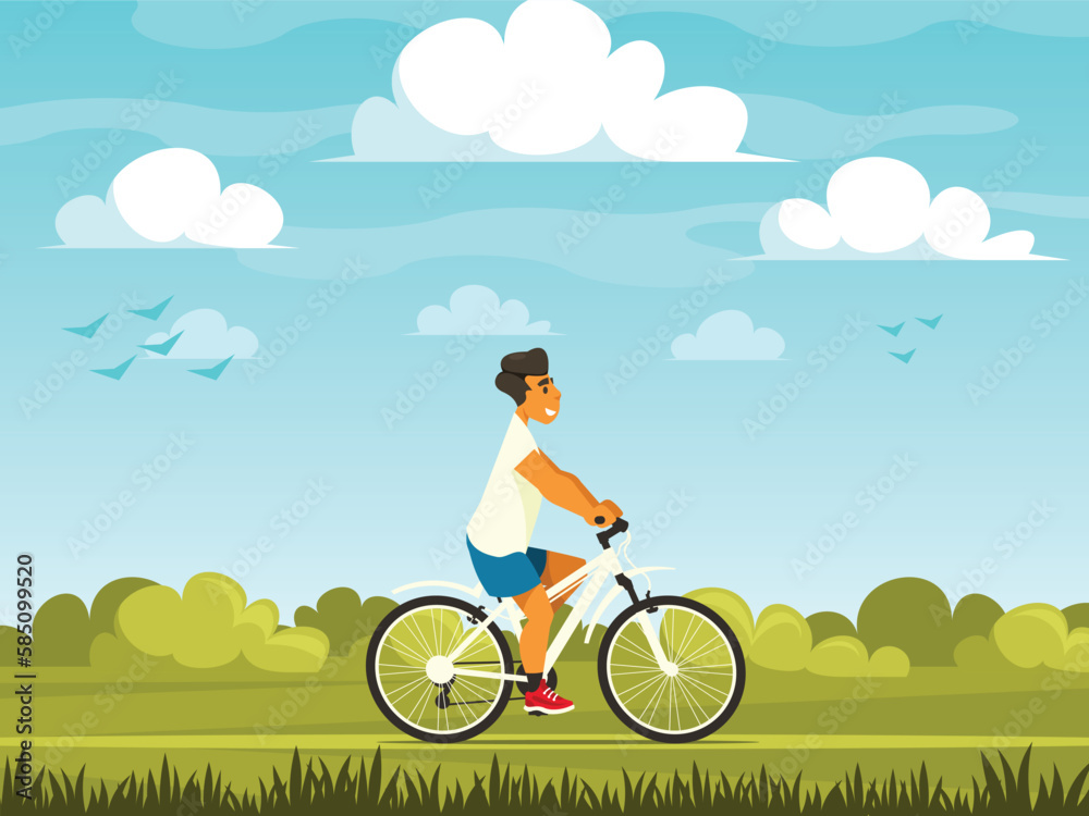 Vecteur Stock Cyclist riding a bike. Man travels on a bicycle. Cartoon