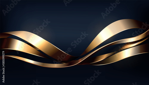 3D flowing metal shapes. Glossy waves. Dynamic curved lines. Decorative gold twist. Motion fluid with metallic gilt tapes. Business presentation. Luxury background. Vector realistic banner