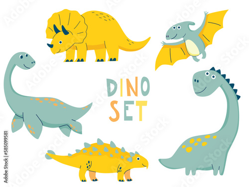 Dino set in simple hand drawn cartoon style.