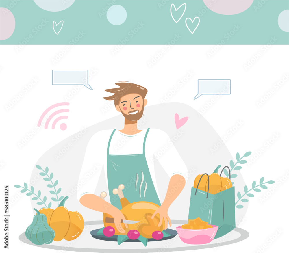 A food blogger tells how to cook a turkey, chicken for a festive dinner. The male character is preparing a vlog. The chef is in the kitchen. Cartoon people vector illustration. Cooking class banner. A food blogger tells how to cook a turkey, chicken for a festive dinner. The male character is preparing a vlog. The chef is in the kitchen. Cartoon people vector illustration. Cooking class banner.