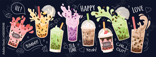 Bubble milk tea poster. Ice coffee cup, milkshake drink, food dessert chocolate mocha cream and cute smoothie isolated on black background. Cold summer beverages. Cartoon vector design