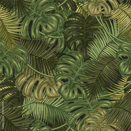 Seamless green camouflage pattern with tropical leaves. Good for clothing, apparel, fabric, textile, sport goods design. Detailed illustration in vintage style.