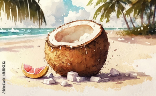 Coconut on the beach with a palm tree in the background watercolor illustrations Generative AI