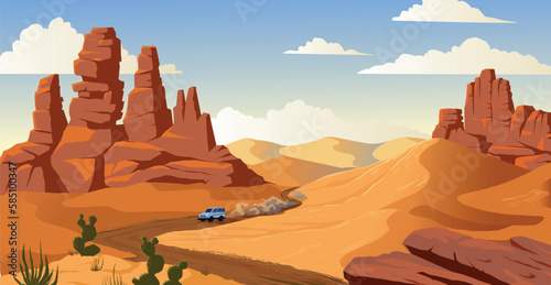 Tourists in desert lands. Wilderness landscape. Hot African trail road. Vehicle on America path way. Car driving on highway. Dry mountains. Dry drought climate. Vector cartoon illustration