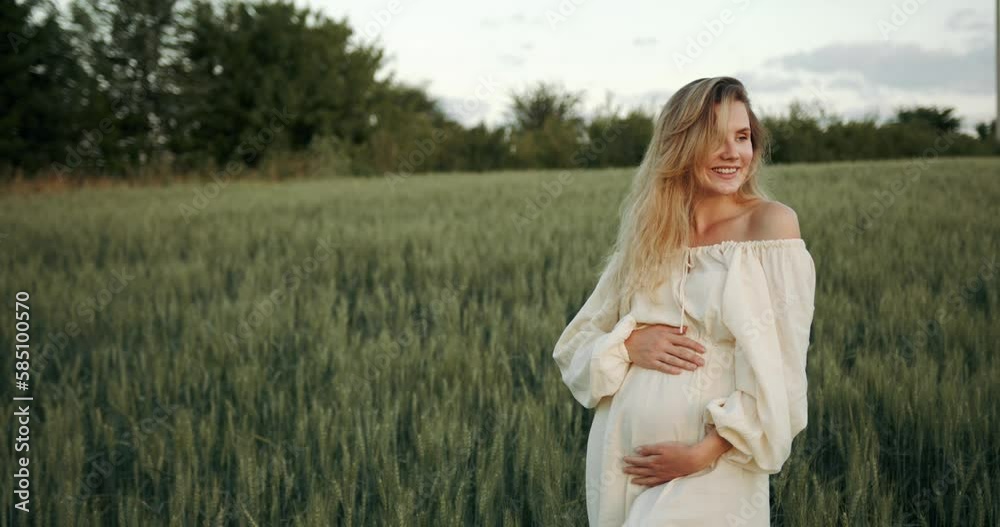 Pregnant woman touches her belly in wheat field Pregnant woman touches her belly in wheat field