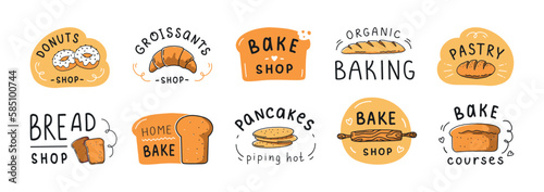 Bakery lettering logotype, bagel flour stamp. Bread letter tags, signs and symbols, croissants logo design, homemade pastry and bake logo, cupcake and baguette. Vector isolated illustrations set