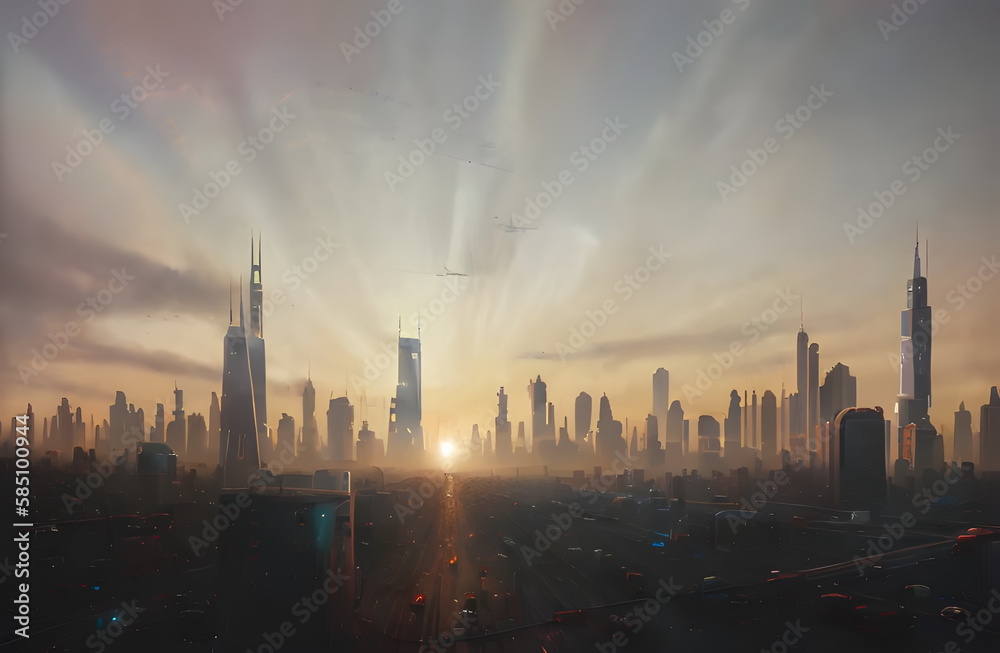 Sci-fi city of the future in the chaos morning day, Hi-tech urban living designed in retrofuturism style, Imagined and created by generative ai.