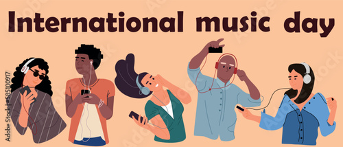 People listen to music. International musical day. Dancing women or men with headphones. Audio player. Modern leisure and entertainment. Persons enjoying of melody. Vector banner design