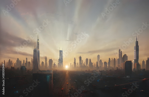 Sci-fi city of the future in the chaos morning day  Hi-tech urban living designed in retrofuturism style  Imagined and created by generative ai.