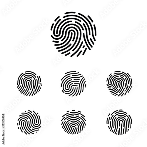 Unique fingerprint icon. Human finger imprint logo. Thumb print for access. Personal property thumbprint pattern. Identity detection. Biometric identification. Vector line symbols set