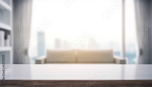 Empty table and copy space with blurred living room background in the morning. Generative AI