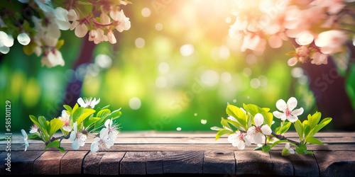 Spring background with empty wooden table. Natural template for product display with cherry blossoms bokeh and sunlight. generative ai. Empty wooden table in spring blooming cherry orchard. © Aquir