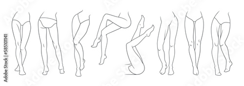 Outline woman leg. Line feet. Female body. Hand drawn shapes. Barefoot ankles and toes. Feminine swimsuit and lingerie. Slim lady knee in different poses. Vector sketch contours set
