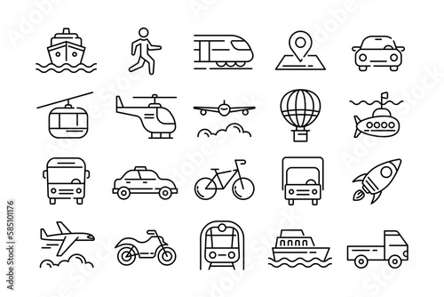 Transport line icons. Car travel. Vehicle types. Taxi and bike. Public bus. Bicycle and train body. Automobile truck or van. Helicopter and motorcycle traffic. Vector outline pictograms set