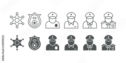 Police patrol. Safety guard icons. Road traffic department. Security or pilot man. Emergency service. Law authority. Sheriff badges. Policeman in uniform. Vector line or silhouette logo set