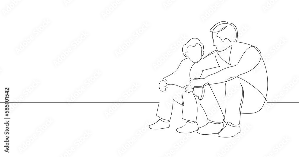 Animation of an image drawn with a continuous line. Father and son sit and talk. Animation of an image drawn with a continuous line. Father and son sit and talk.