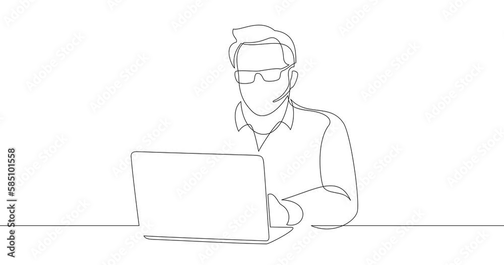 Animation of an image drawn with a continuous line. A man in glasses and a headset is sitting behind a laptop. Animation of an image drawn with a continuous line. A man in glasses and a headset is sitting behind a laptop.
