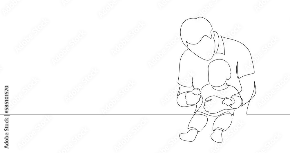 Animation of an image drawn with a continuous line. A man holds a child in his arms. Father and baby. Animation of an image drawn with a continuous line. A man holds a child in his arms. Father and baby.