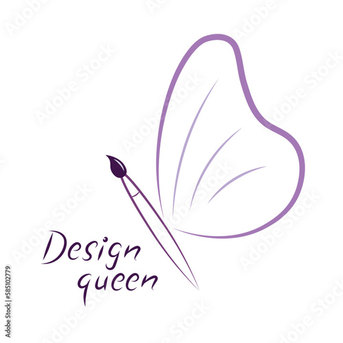 Logo for designer, butterfly silhouette, art brush instead of body, flat vector, isolate on white, contour drawing, , side view, picture in purple